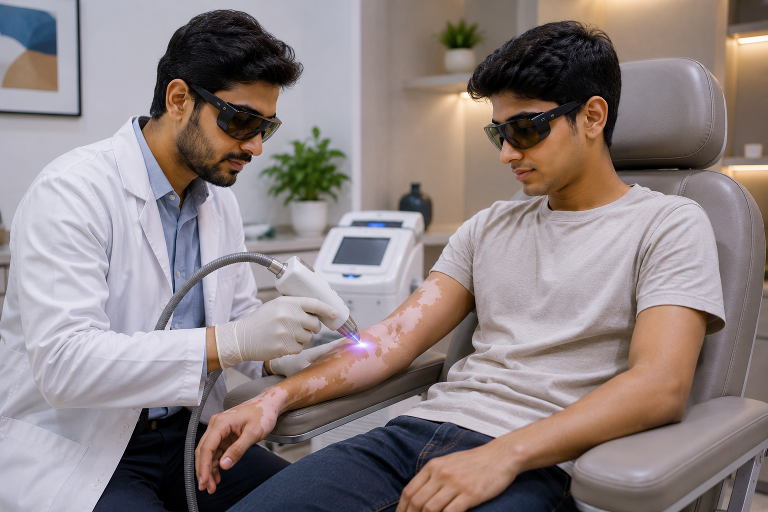 Focused targeted phototherapy session for vitiligo patches